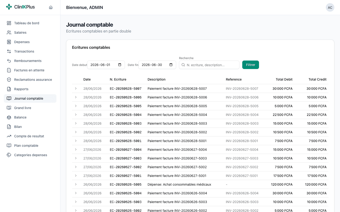 Comptabilité ClinIKPlus : journal des opérations généré automatiquement