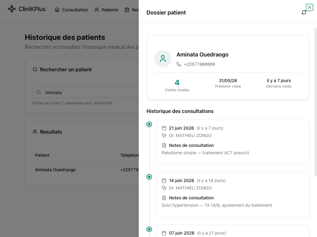 Dossier patient ClinIKPlus sur tablette : historique des consultations