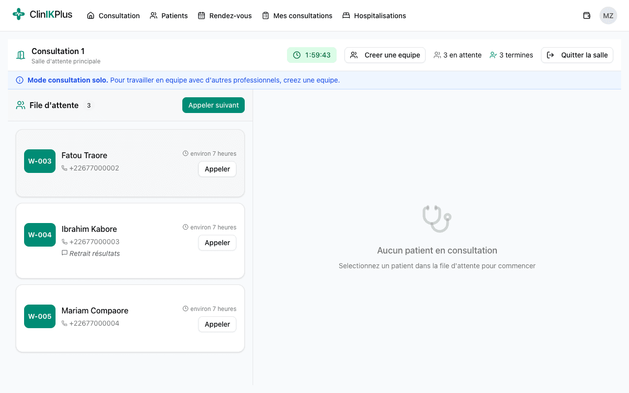 Salle d’attente virtuelle ClinIKPlus : file d’attente des patients